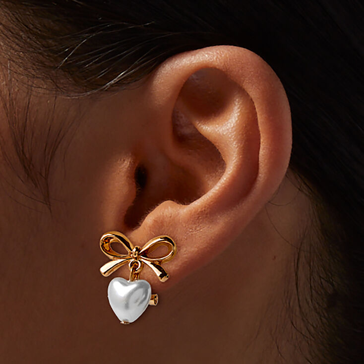 Pearl Heart &amp; Bow Clip-On Drop Earrings ,