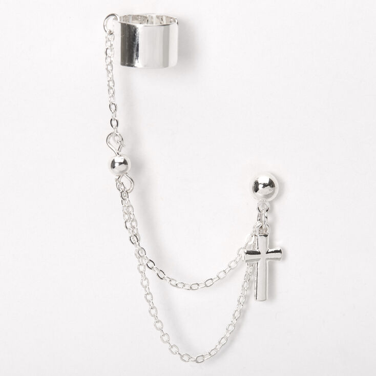 Silver Cross Cuff Connector Earring,