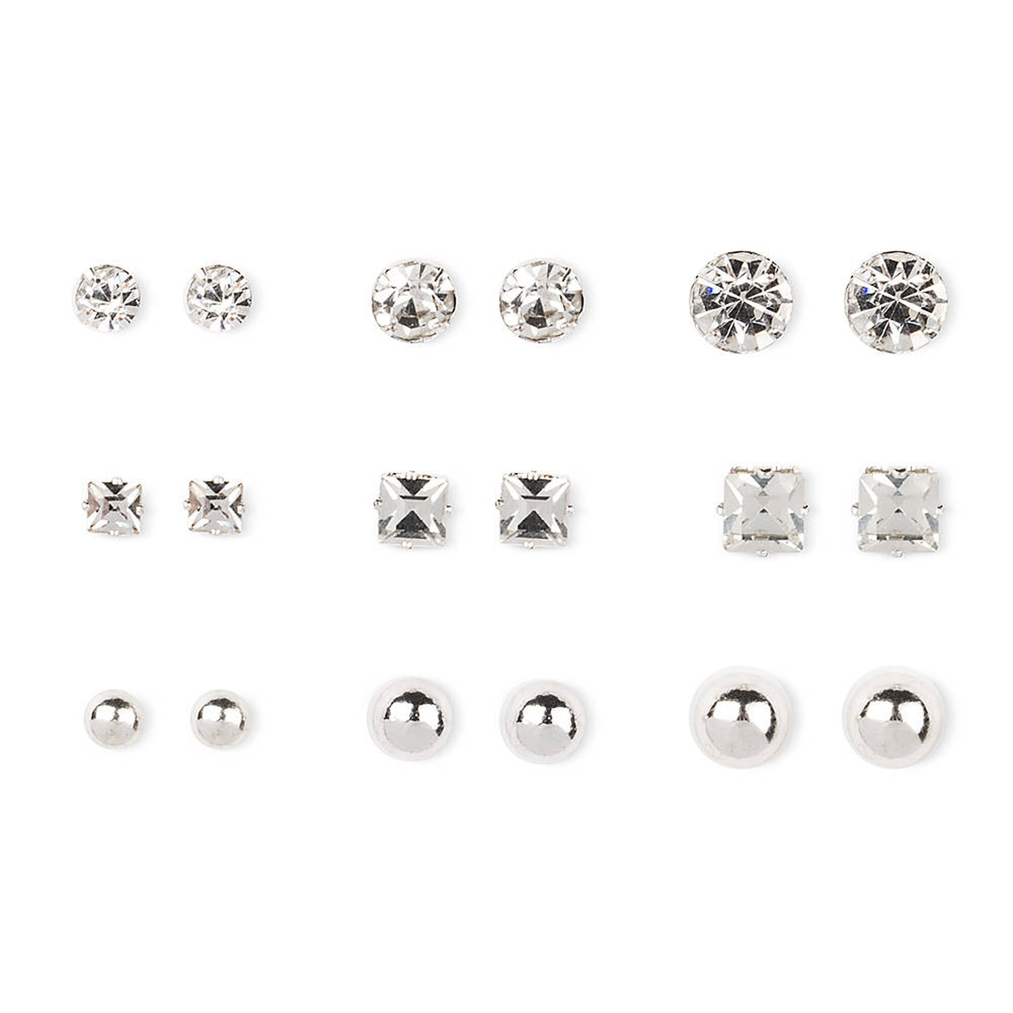 View Claires And Crystal Shapes Stud Earrings Set Of 9 Silver information