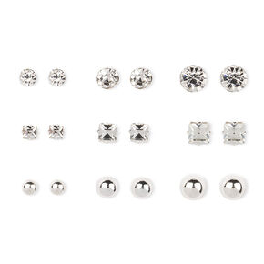 Silver and Crystal Shapes Stud Earrings Set of 9,