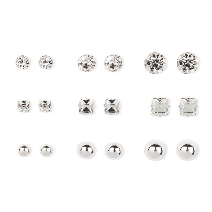 Claire's Lot de 9 paires de clous d'oreilles couleur argentés et à strass