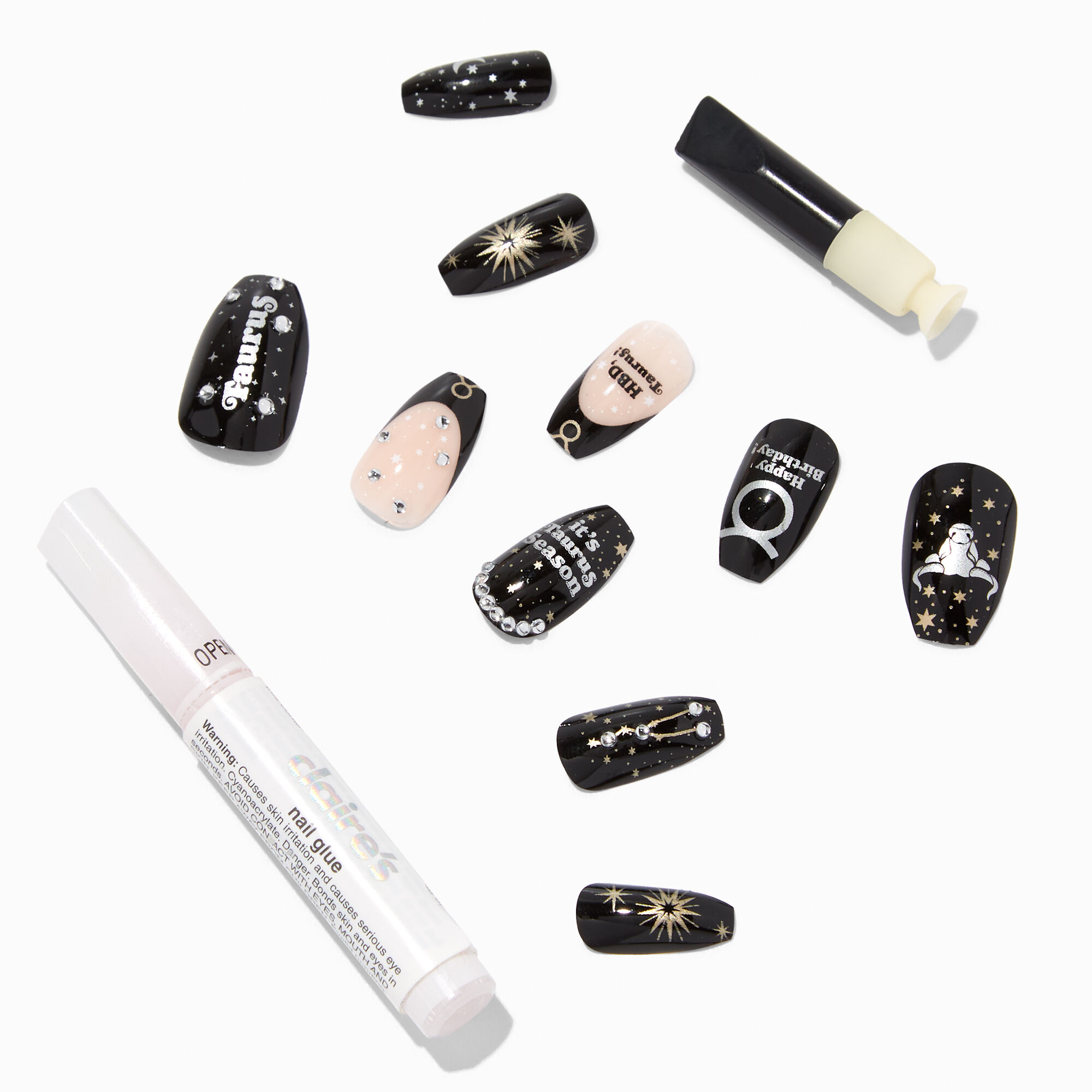 Taurus Birthday Squareletto Faux Nail Set - 24 Pack,