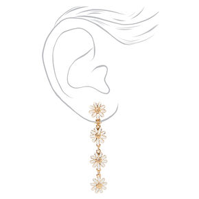 Gold 2&quot; Daisy Flower Linear Drop Clip On Earrings,