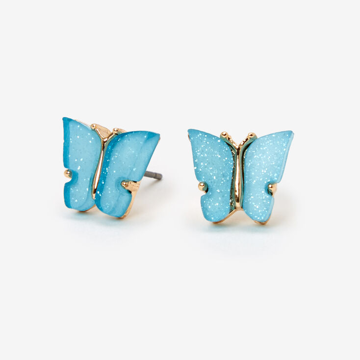 Gold &amp; Blue Glitter Butterfly Stud Earrings,