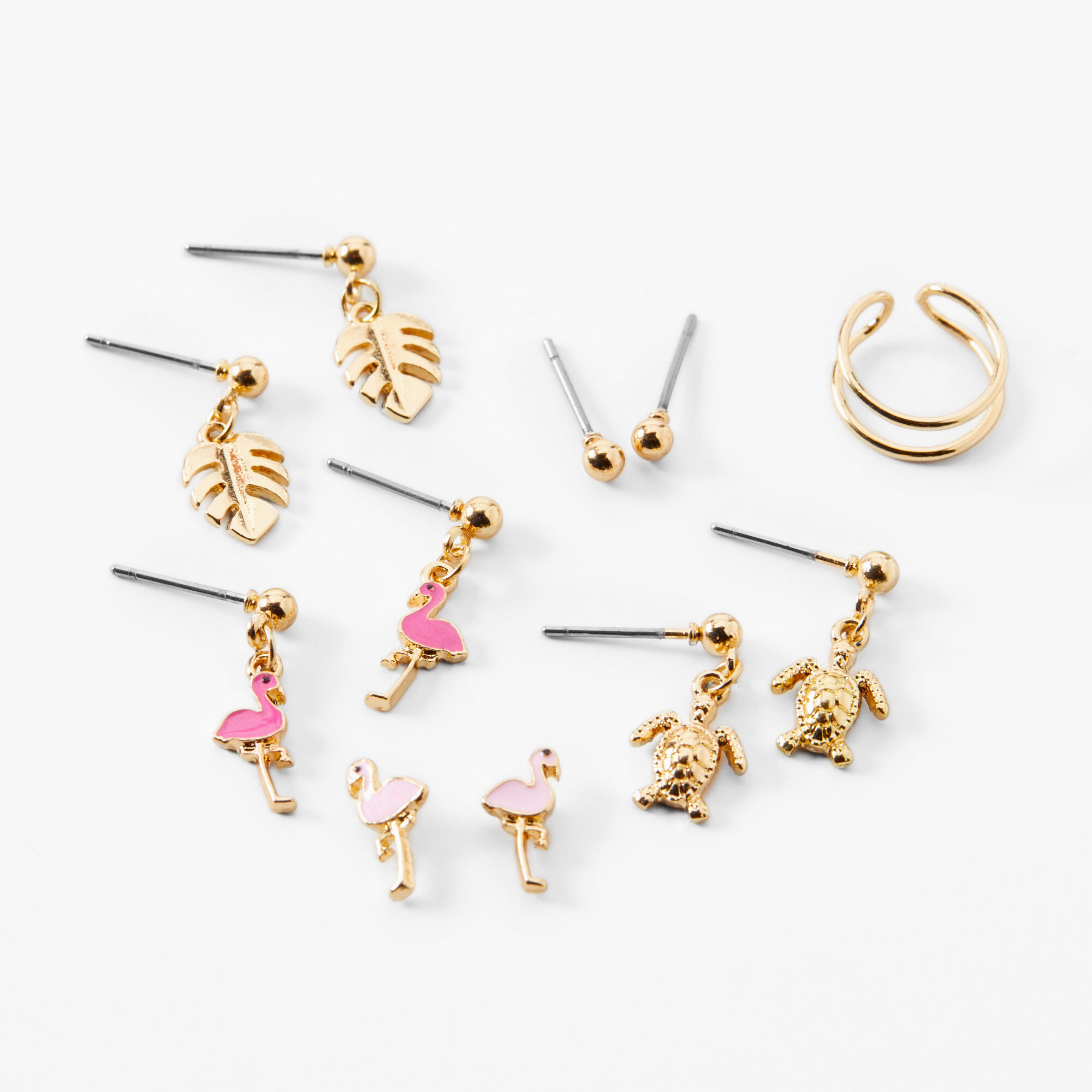 Claire's Lot manchette d’oreille et boucles d’oreilles aux designs variés flamants roses couleur dorée (lot de 6)