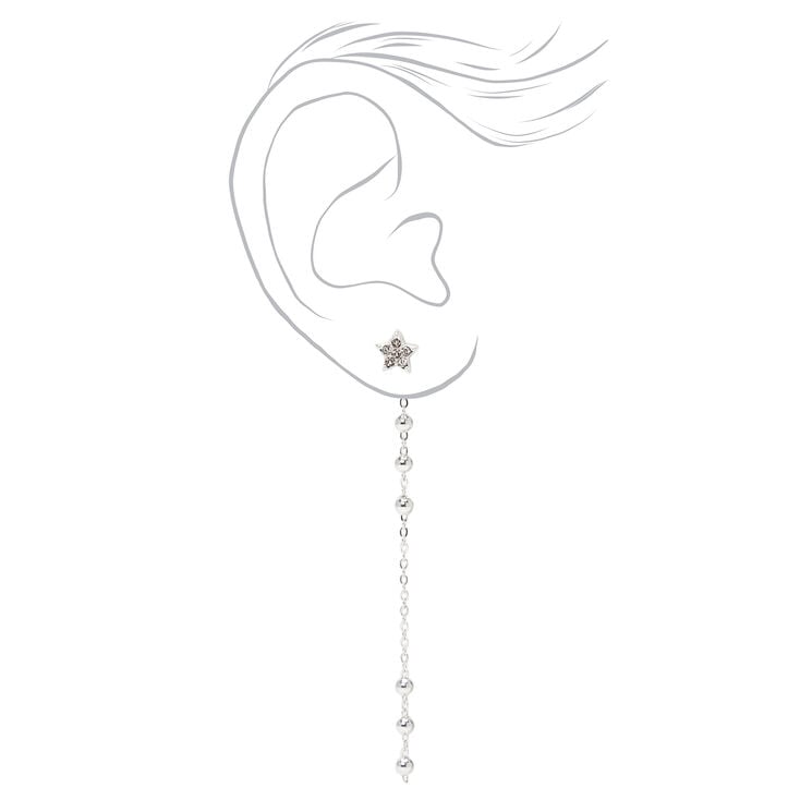Silver 3&quot; Embellished Star Linear Front and Back Drop Earrings,