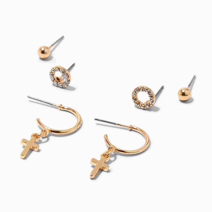 Gold Circle Stud &amp; Cross Hoop Earring Stackables Set - 3 Pack,