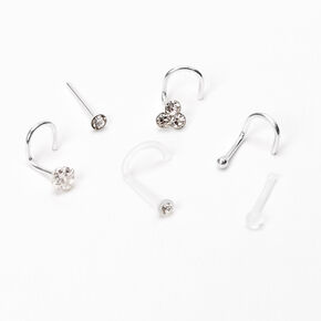 22G Sterling Silver Crystal Ball Bezel Nose Studs - 6 Pack,