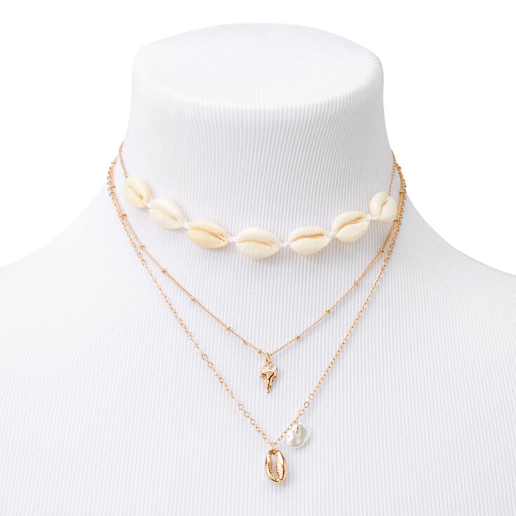 Gold Cowrie Shell Shark Tooth Multi Strand Necklace,