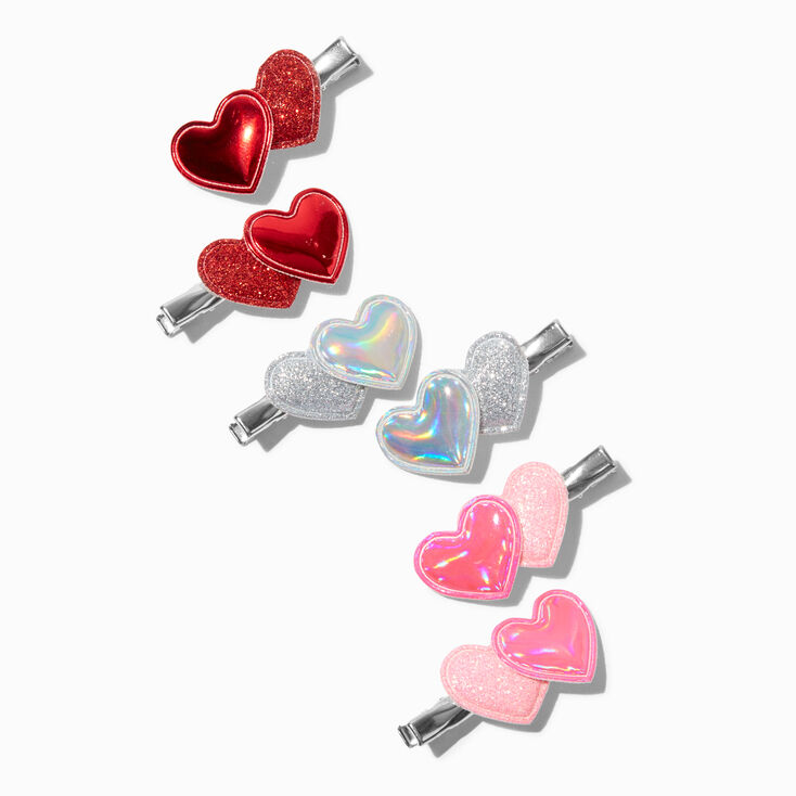Glitter Puffy Hearts Hair Clips - 6 Pack,