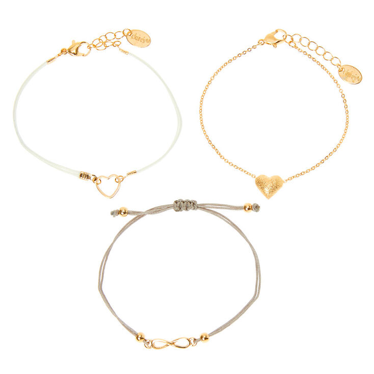 Bracelets c&oelig;ur symbole de l&rsquo;infini couleur dor&eacute;e - Lot de 3,