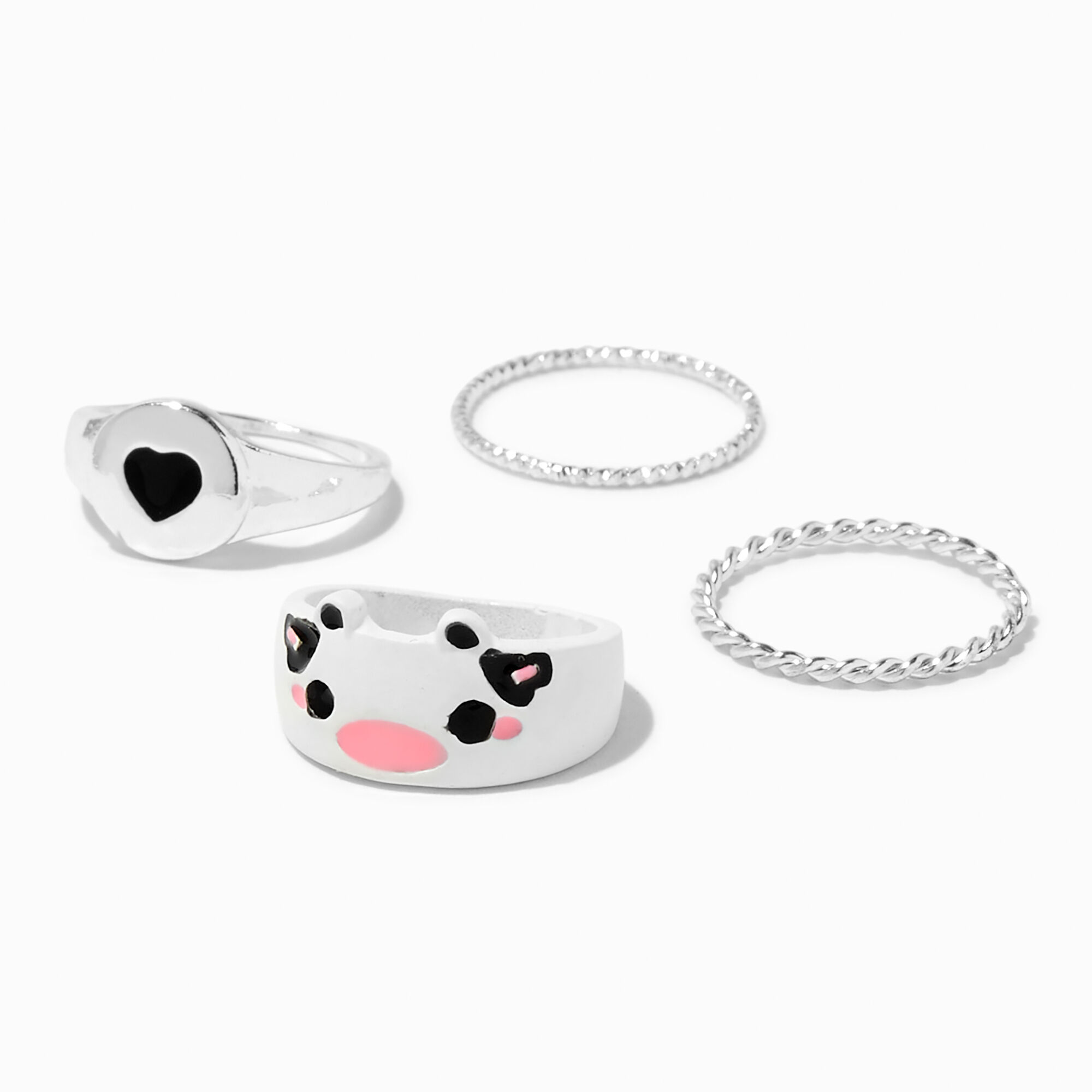 View Claires Cow Heart Ring Stack 4 Pack White information