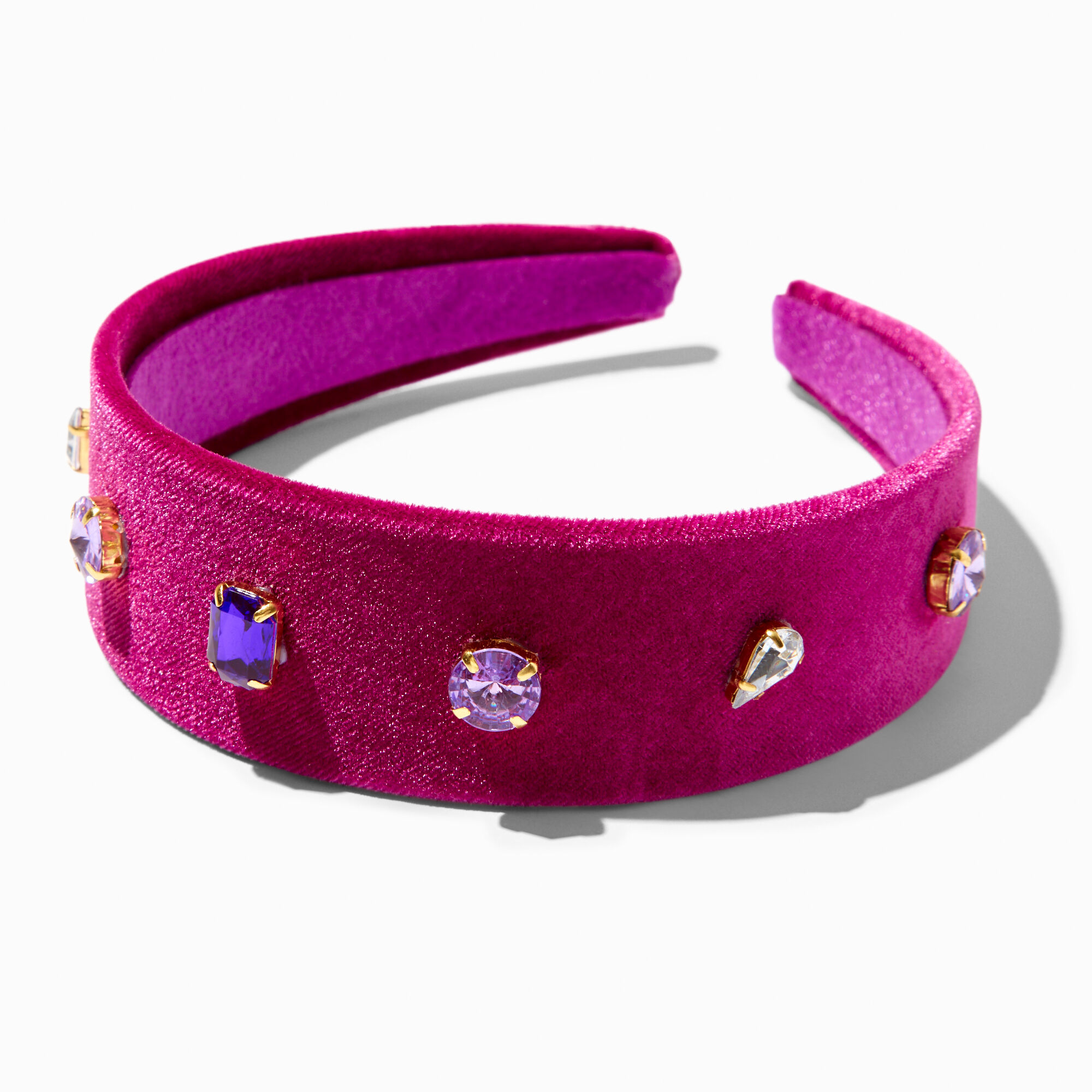 View Claires Gemstone Studded Dark Velvet Headband Pink information