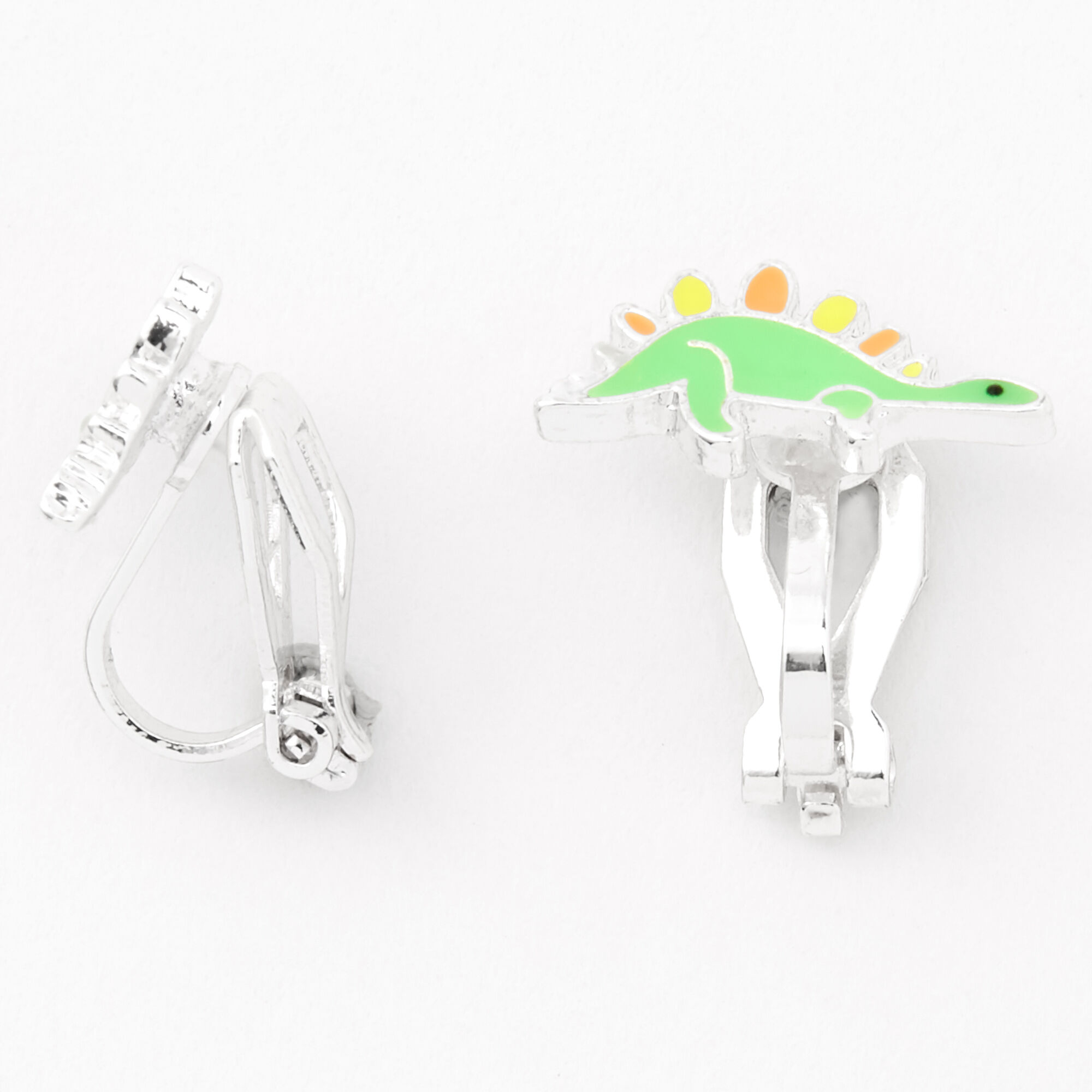 Silver Dinosaur Clip On Stud Earrings Green