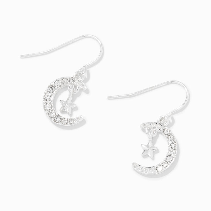 Silver Crescent Moon &amp; Star 0.5&quot; Drop Earrings,