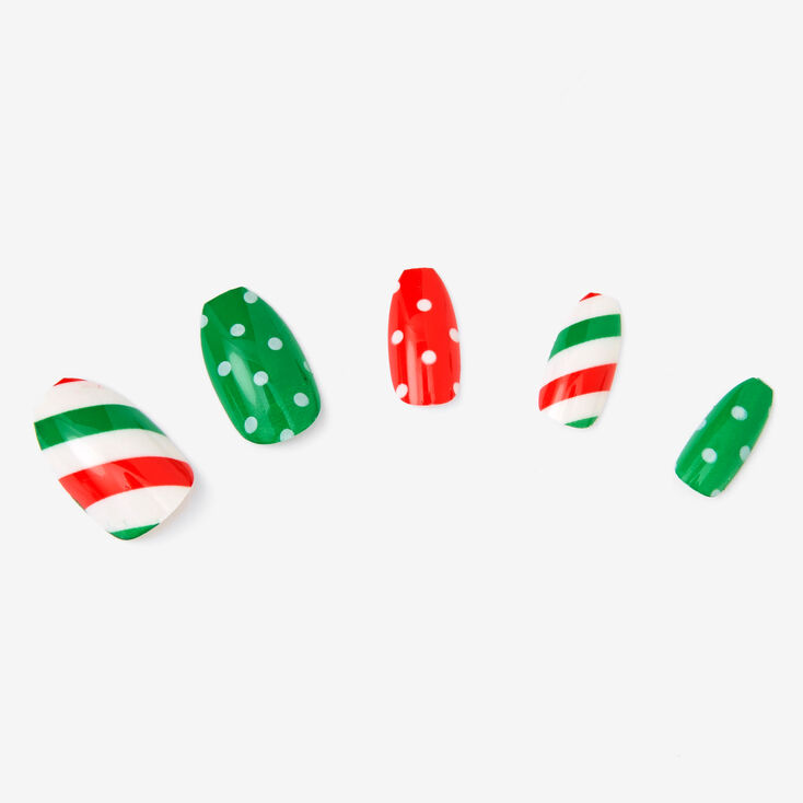 Faux ongles autocollants ballerine &agrave; pois et &agrave; rayures - Lot de 24,