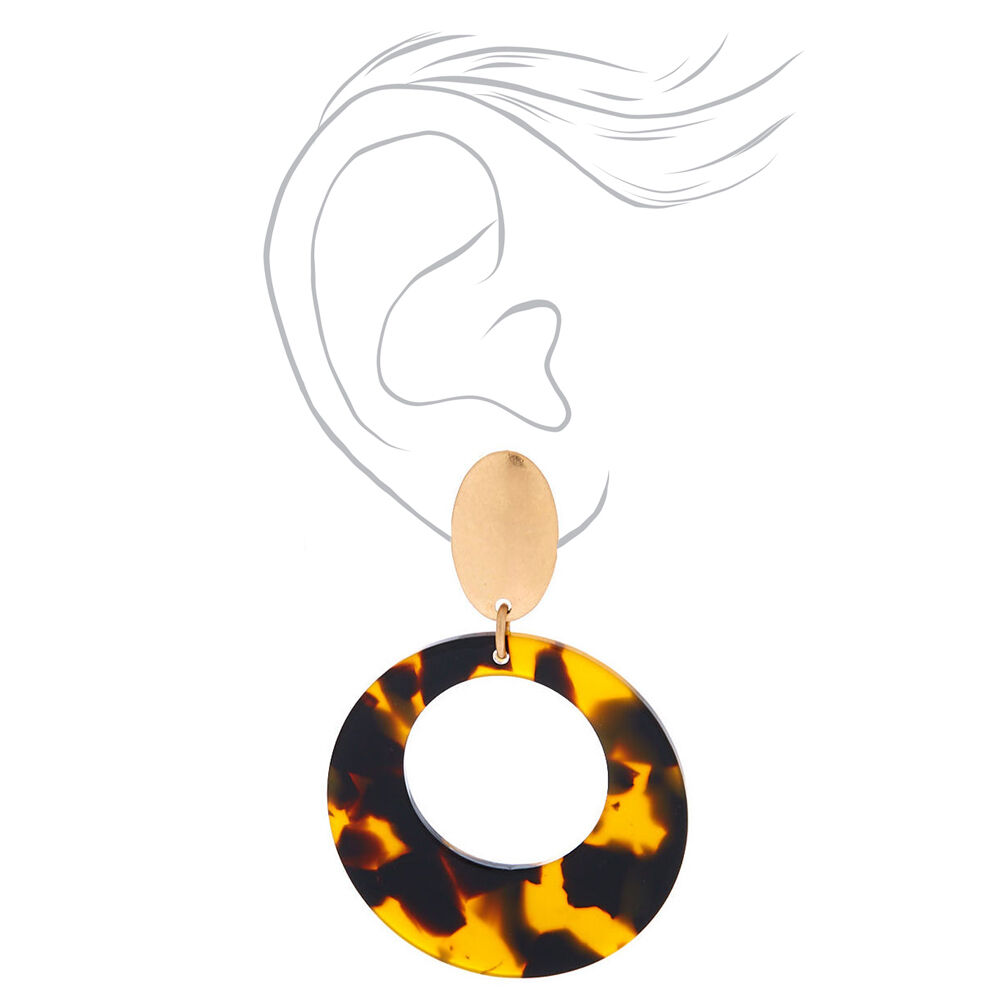 Gold 2" Round Resin Tortoiseshell Clip On Drop Earrings - Brown,