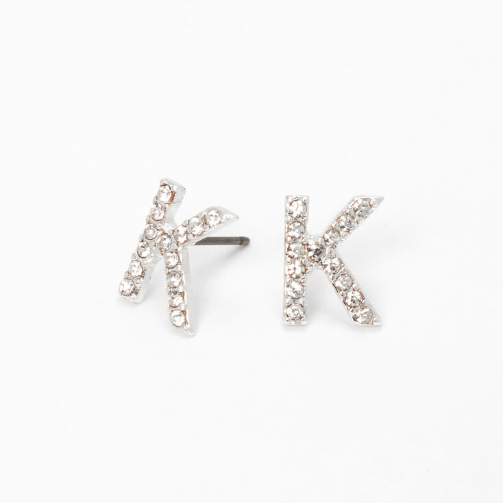 Silver Crystal Initial Stud Earrings - K,