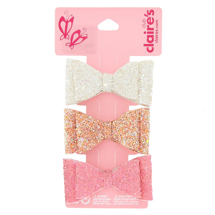 Claire&#39;s Club Glitter Bow Hair Clips - Pink, 3 Pack,
