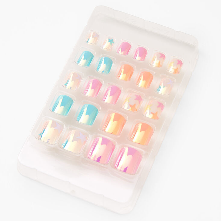 Rainbow Stars Square Press On Faux Nail Set - Holographic, 24 Pack,