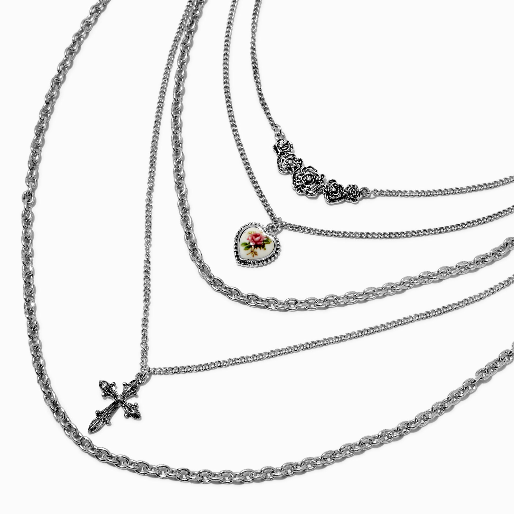 Claire's Collier multi-rangs de chaîne croix et rose couleur argentée