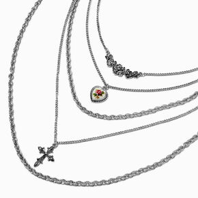 Silver-tone Rose &amp; Cross Chain Multi-Strand Necklace,