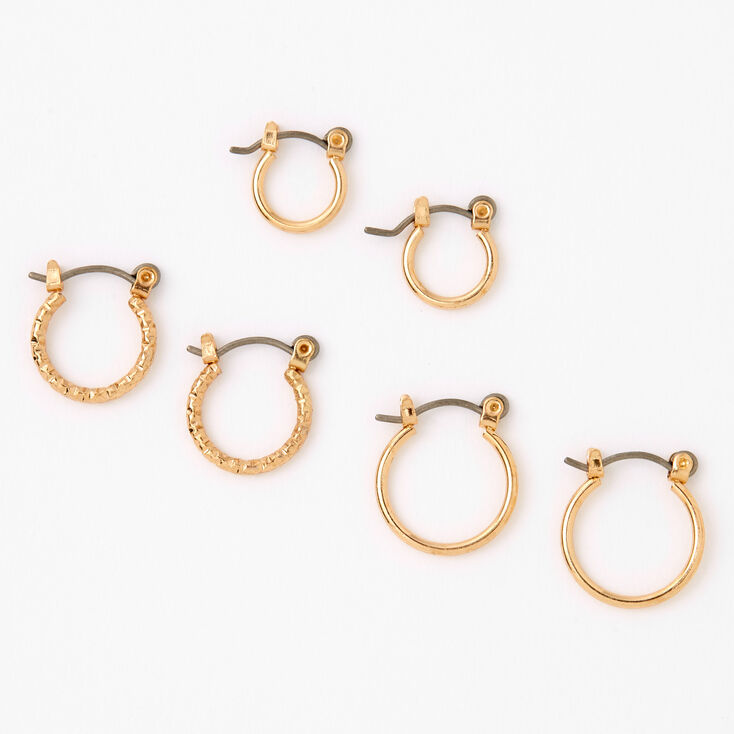 Gold Graduated Textured Hinge Hoop Earrings - 3 Pack,