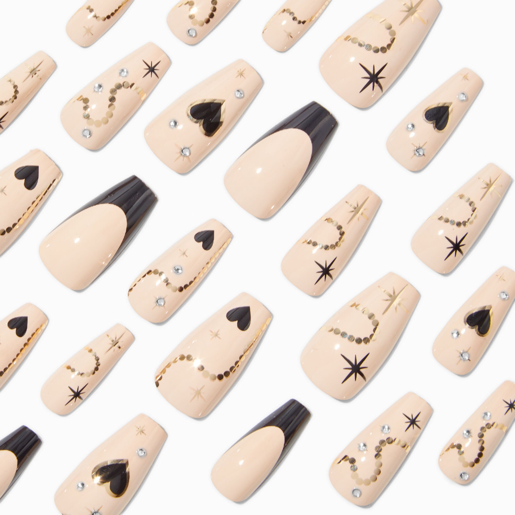 Black Heart Bling French Tip Squareletto Vegan Faux Nail Set - 24 Pack,