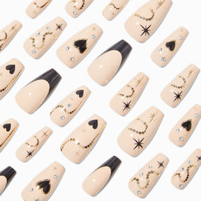 Black Heart Bling French Tip Squareletto Vegan Faux Nail Set - 24 Pack,