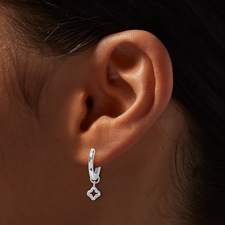 Sterling Silver Pav&eacute; Clover 12mm Clicker Hoop Earrings,