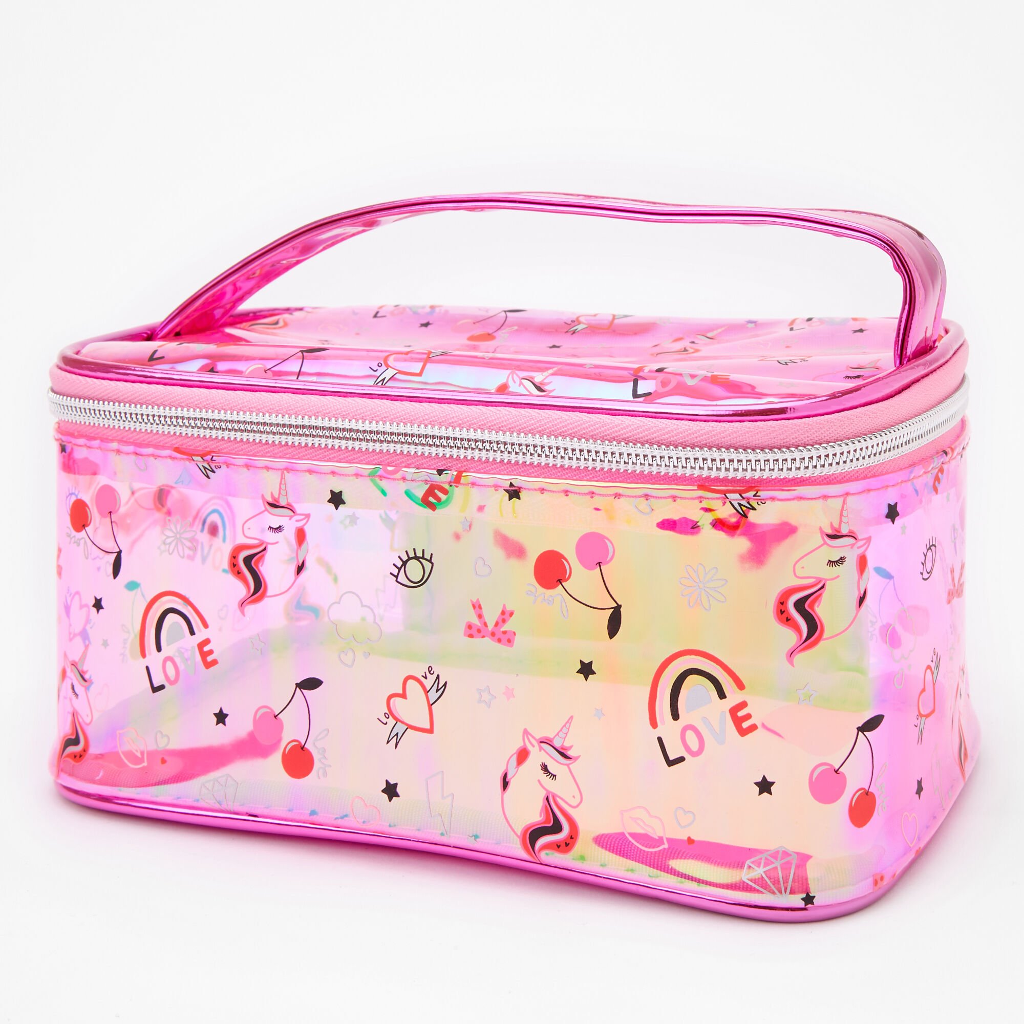 Trousse de maquillage transparente icônes licorne - Rose,