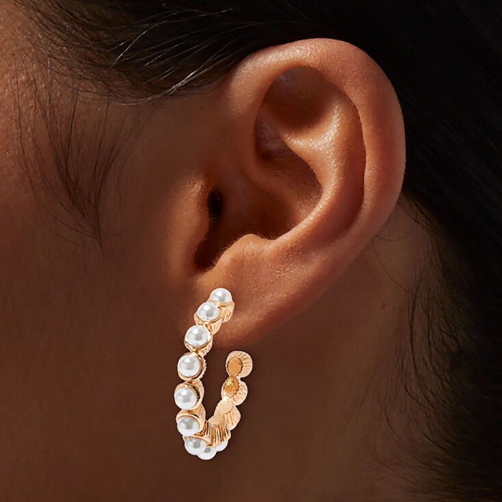 Gold-tone Pearl Trimmed Hoop Earrings,