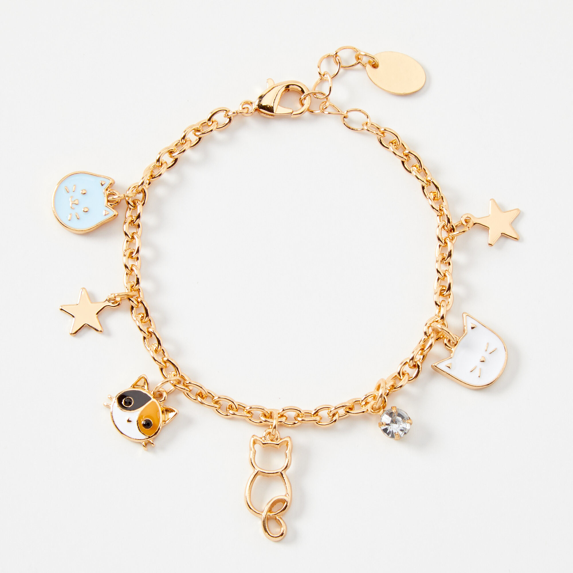 View Claires Tone Cat Charm Bracelet Gold information