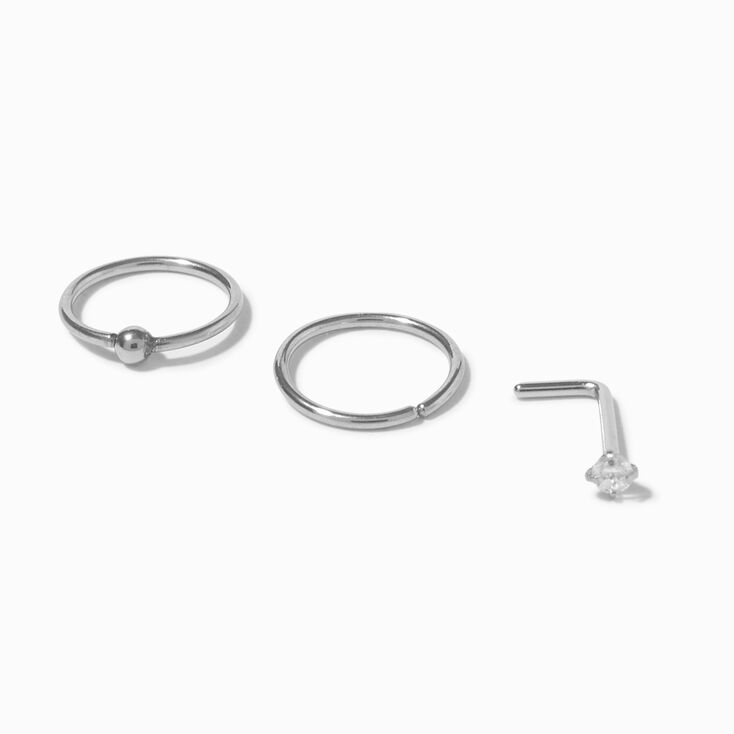 20G Silver-tone Stainless Steel Cubic Zirconia Nose Stud &amp; Hoops - 3 Pack,