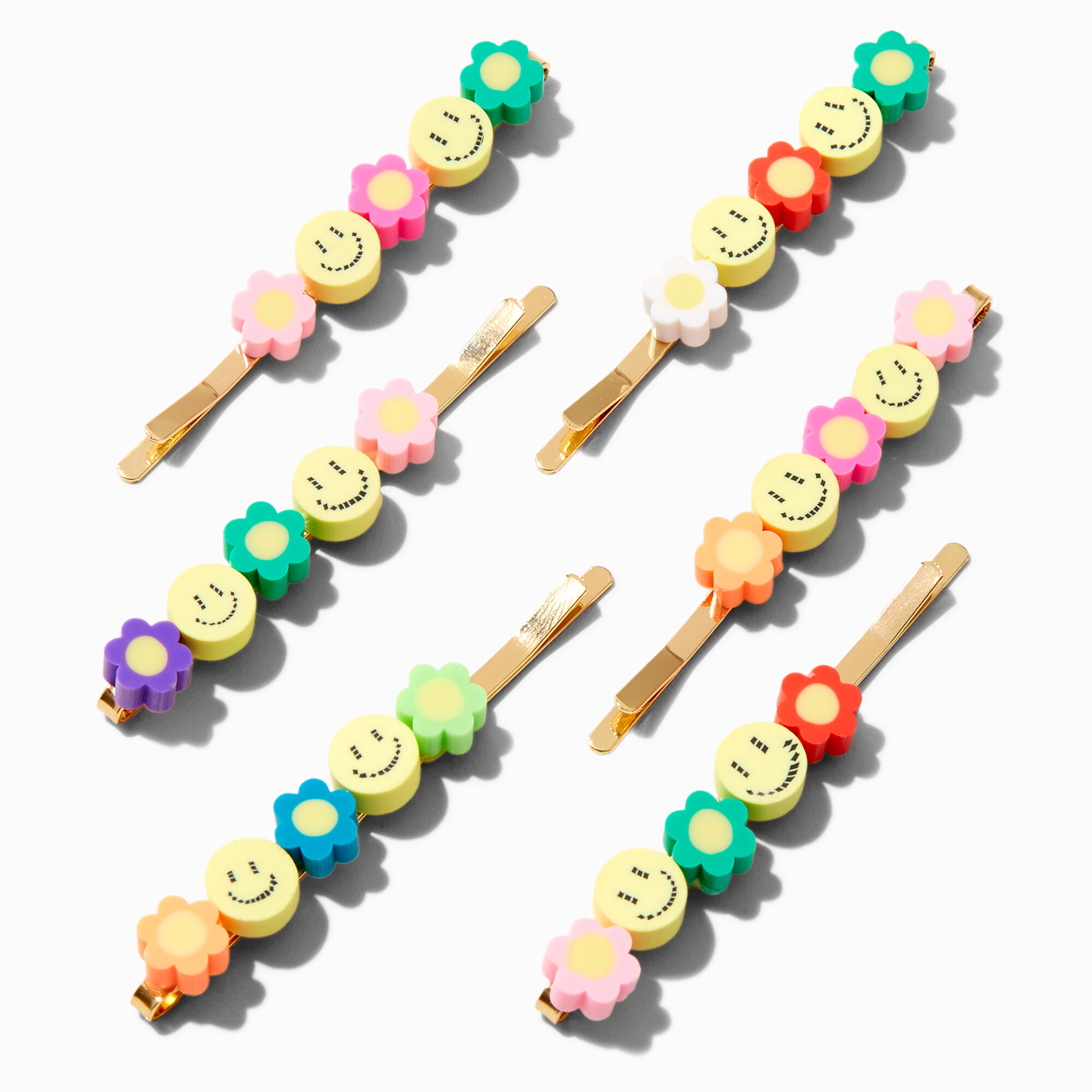 View Claires Daisy Happy Face Hair Pins 6 Pack Gold information