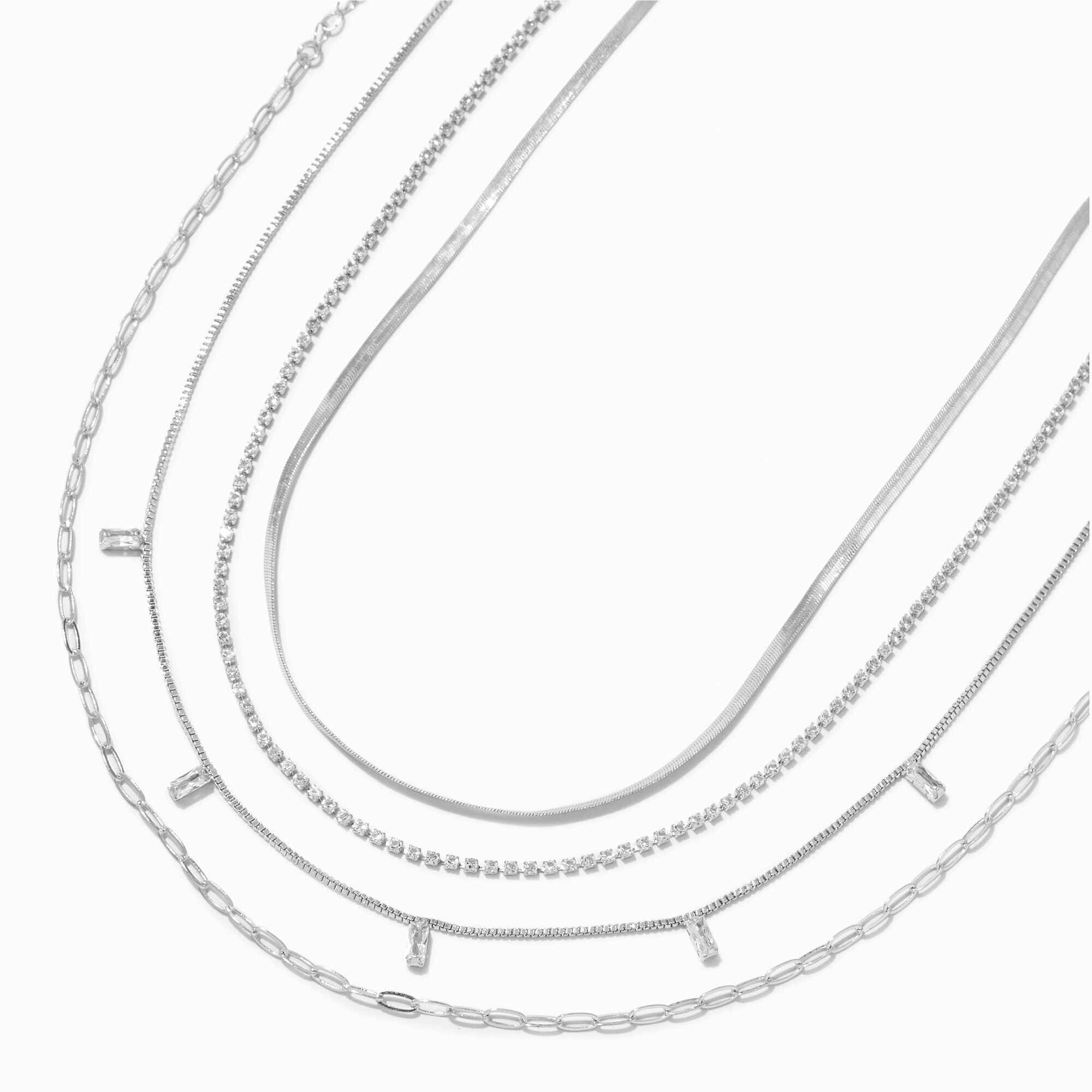 View Claires Tone Paperclip Cubic Zirconia Necklace Set 4 Pack Silver information