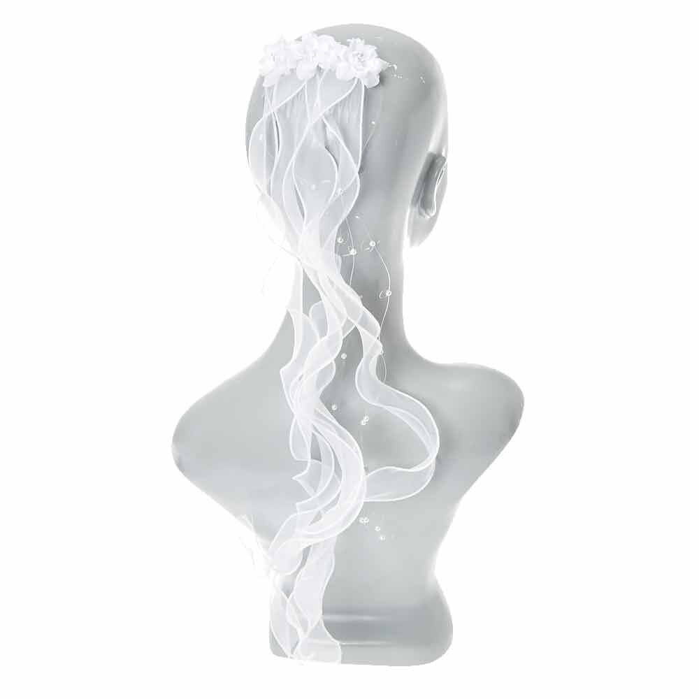Kids White Sheer Ribbon Curl Flower Trio Hair Comb,