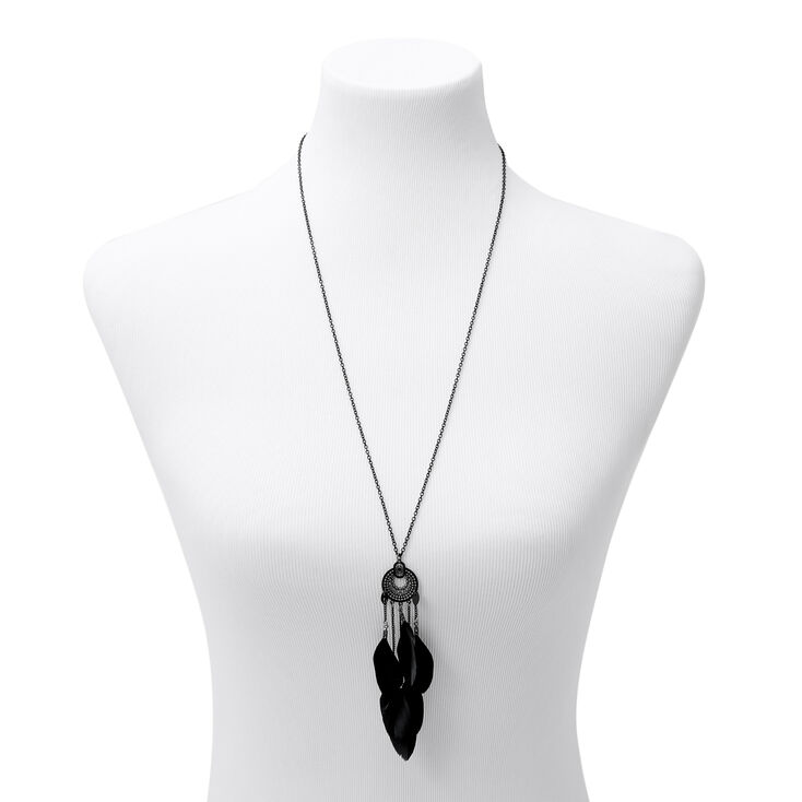 Medallion Feather Long Pendant Necklace - Black,
