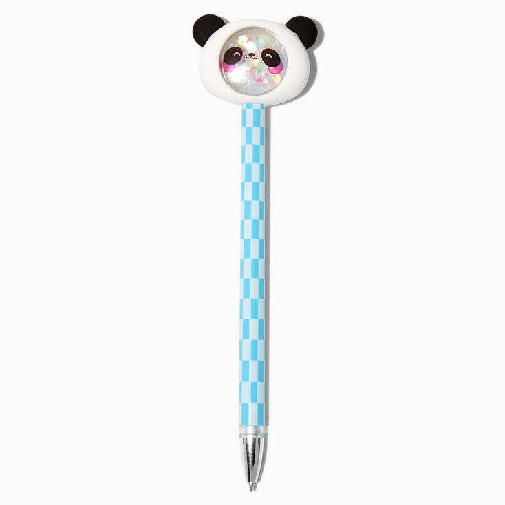 Stylo &agrave; paillettes mobiles panda bleu &agrave; carreaux,