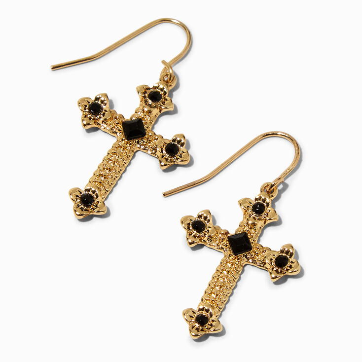 Black Stone Gold-tone Cross 1.5&quot; Drop Earrings,