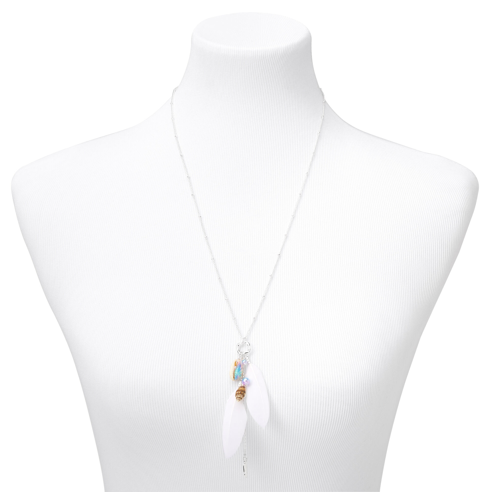 Shells & Feathers Long Pendant Cluster Necklace - Silver,