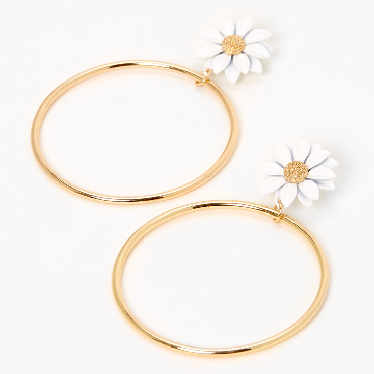 Gold 3&quot; Daisy Circle Drop Earrings - White,