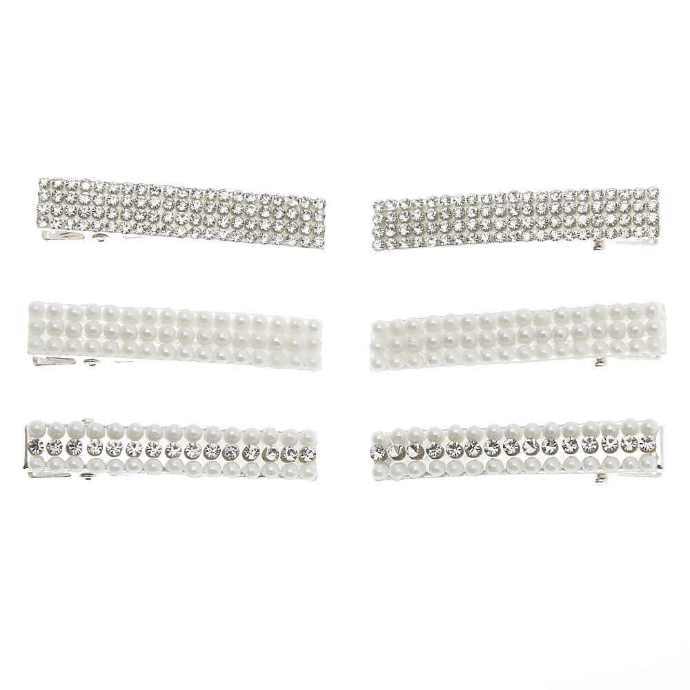Silver Rhinestone & Pearl Rectangle Hair Clips - 6 Pack,