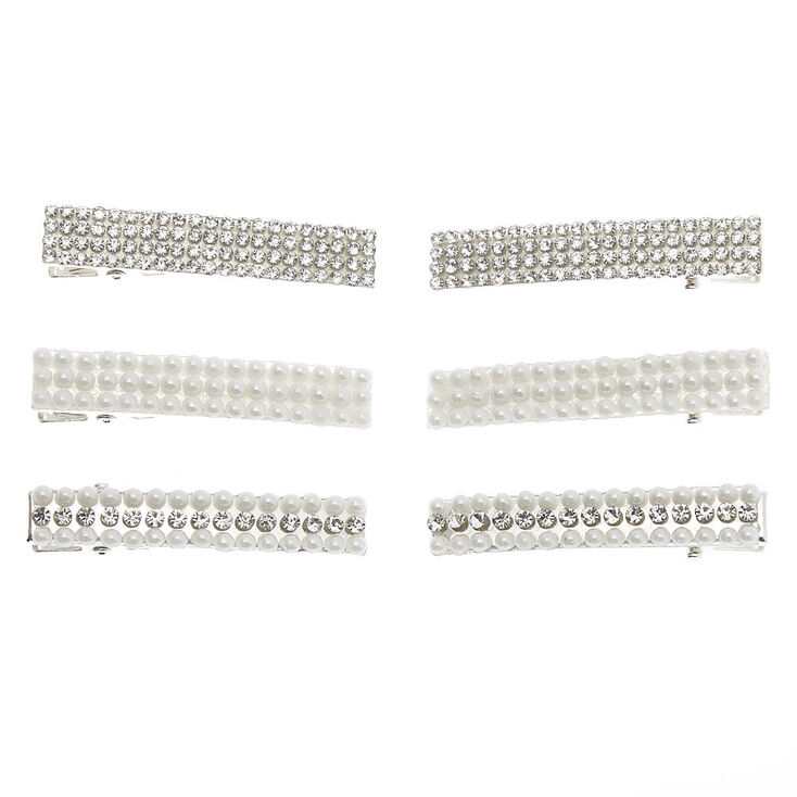 Barrettes rectangulaires strass et perles d&#39;imitation couleur argent&eacute; - Lot de 6,