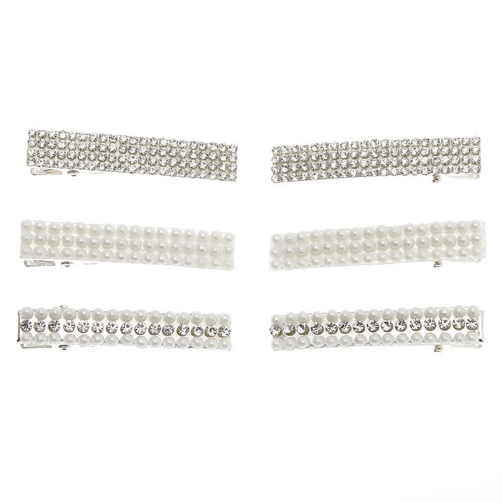 Silver Rhinestone & Pearl Rectangle Hair Clips - 6 Pack | Claire's