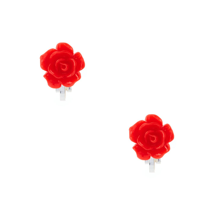 Silver-tone Rose Clip On Stud Earrings - Red,