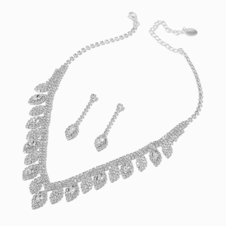 Silver-tone Rhinestone Leaf Statement Necklace &amp; Earrings Set,