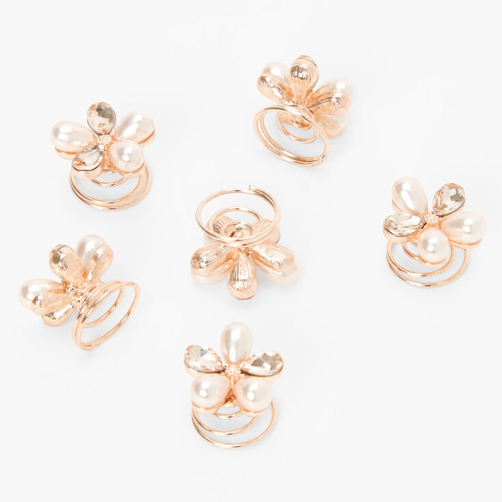 Rose Gold Daisy Rhinestone Hair Spinners - 6 Pack,