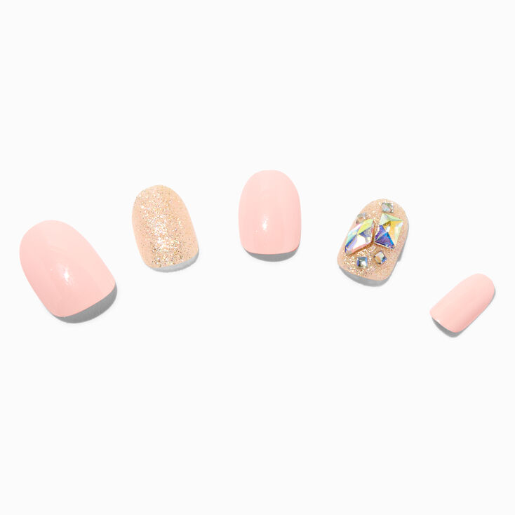 Faux ongles vegan ronds strass &agrave; paillettes roses - Lot de 24,