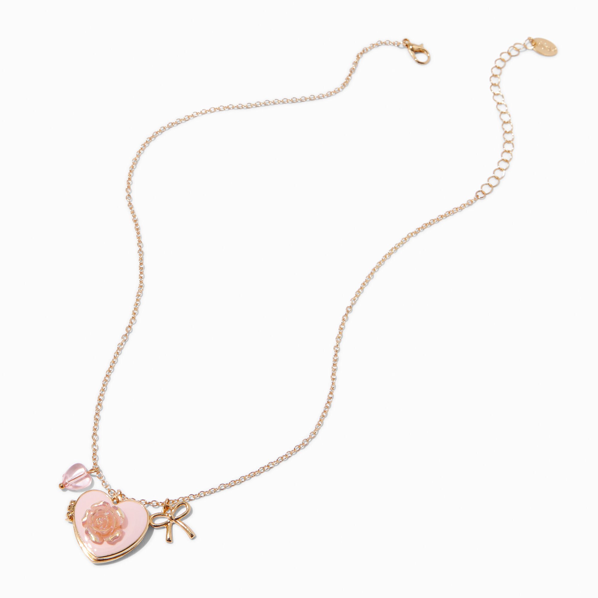 Pink Rose Heart Locket Gold-tone Pendant Necklace,
